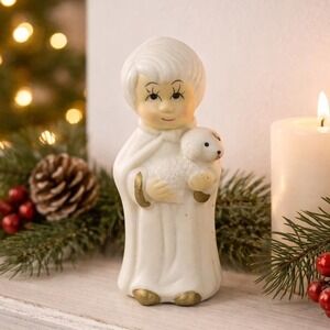 Vintage Nativity Wise Man Figurine Lamb White Gold 3.5 Inch